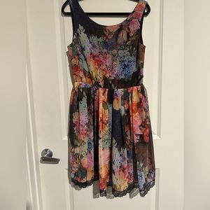 Betsy Johnson sleeveless rainbow floral dress with lace trim